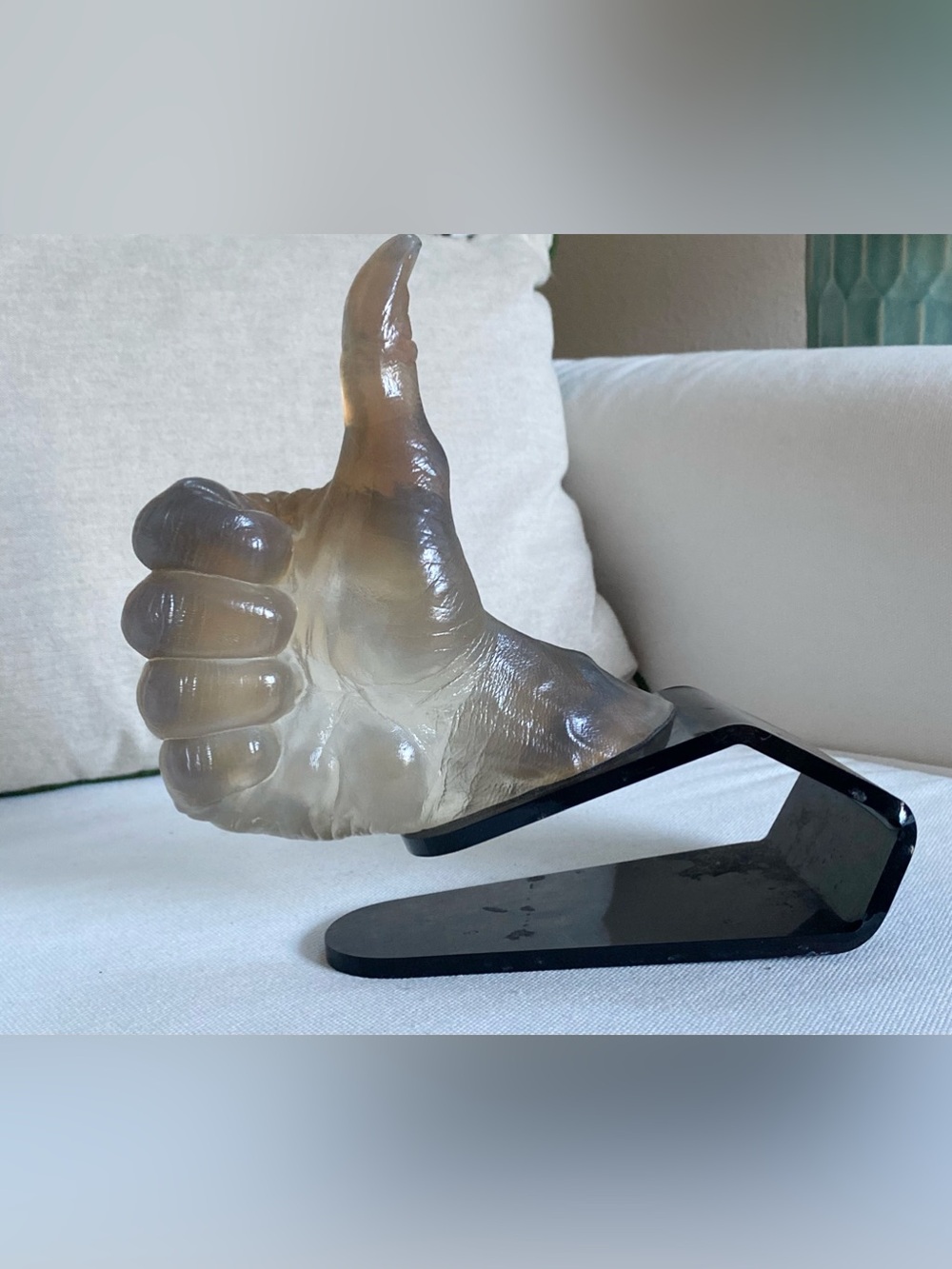 Large Thumbs Up Sculpture on Black Clip Stand Clear Gray Lucite